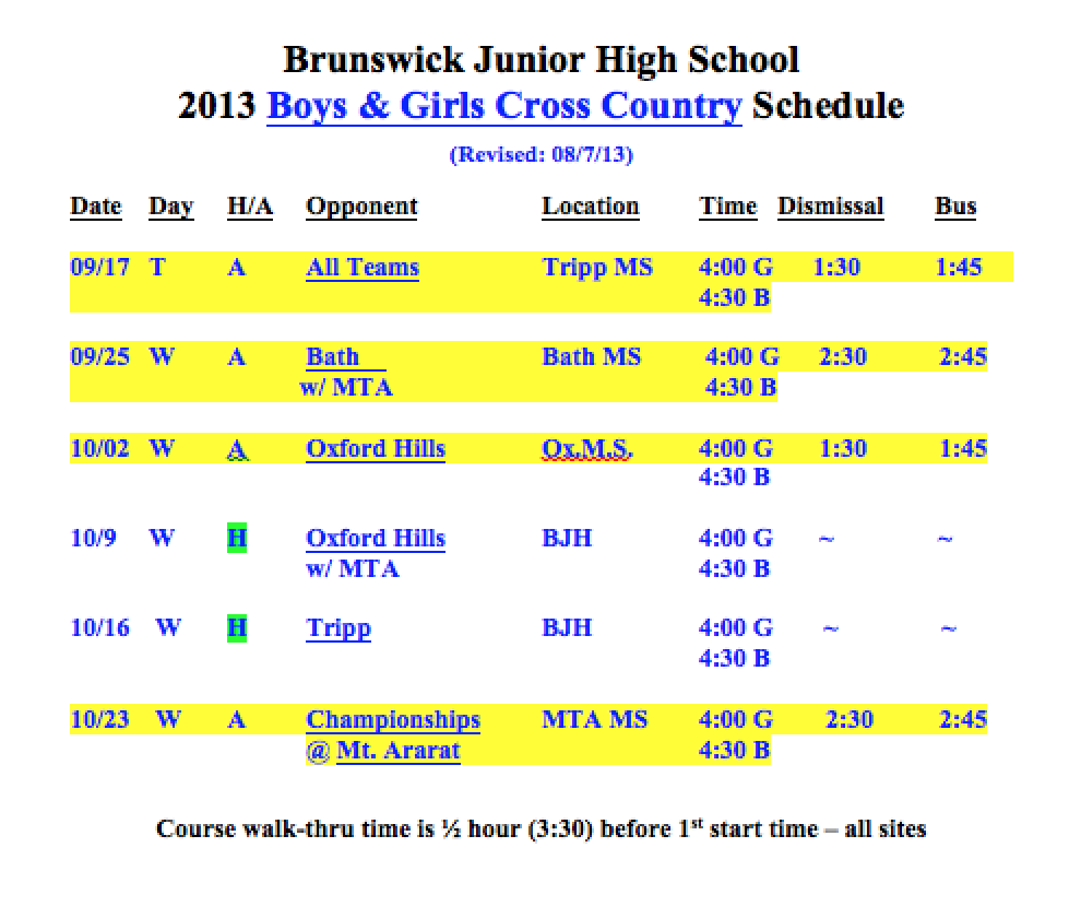 Cross Country Schedules Brunswick Junior High School
