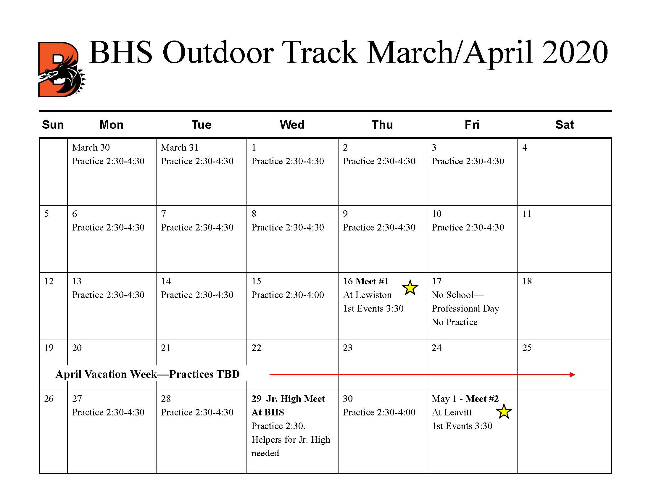 BHS Meet & Practice Schedule BHS Outdoor Track