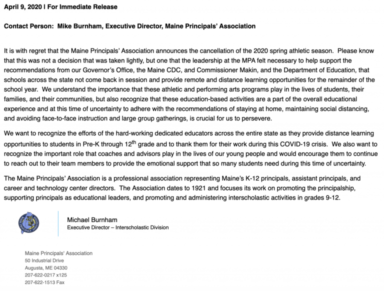 Letter from MPA Spring Sports Cancellation 2020 BHS Outdoor Track